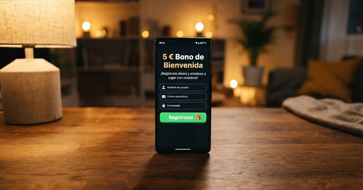 Un teléfono móvil mostrando la pantalla de registro de un casino online español con la oferta de bono sin depósito de 5 euros visible.