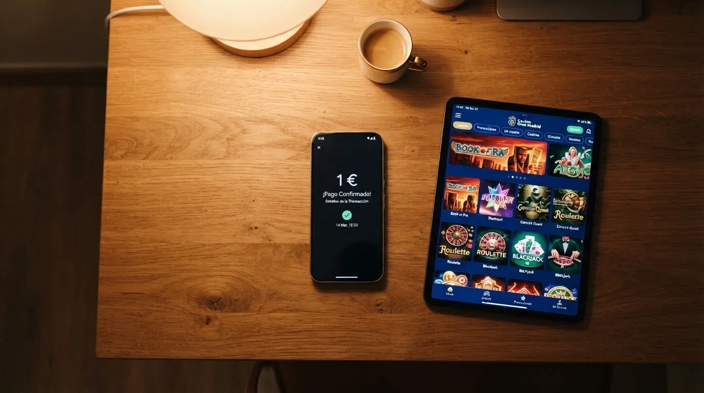 Móvil con la app de Bizum abierta junto a la pantalla de un casino online español mostrando un ingreso de 1 €