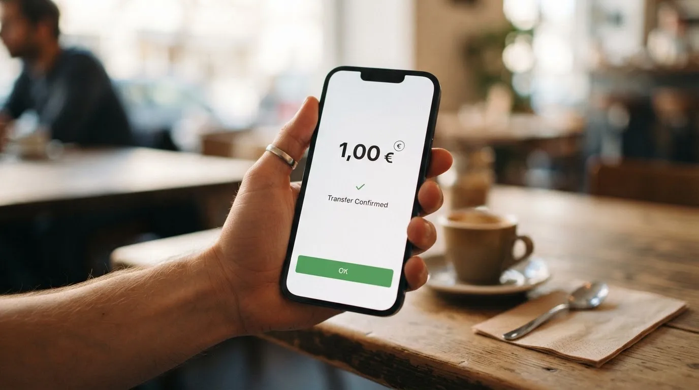 Teléfono móvil con la aplicación de Bizum abierta mostrando una transferencia de 1 euro junto al logotipo de un casino online español