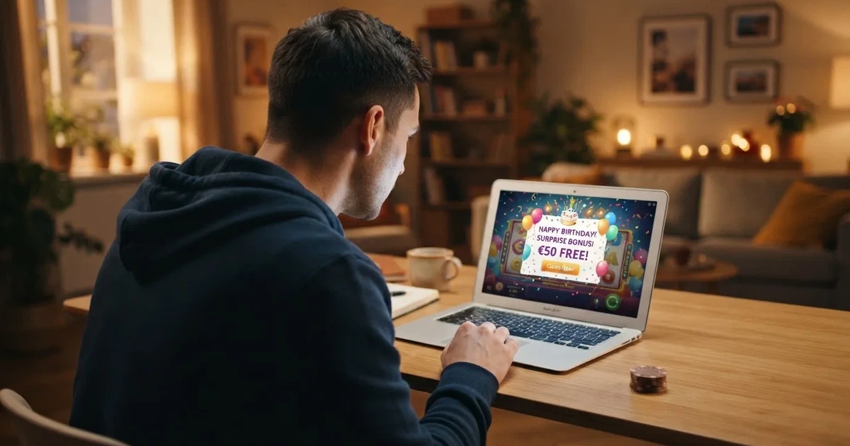 Un jugador abriendo una notificación de bono de cumpleaños en la pantalla de un casino online con licencia española