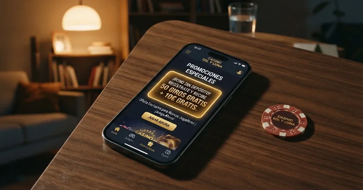 Interfaz de un casino online español con el apartado de promociones visible, mostrando un bono sin depósito destacado