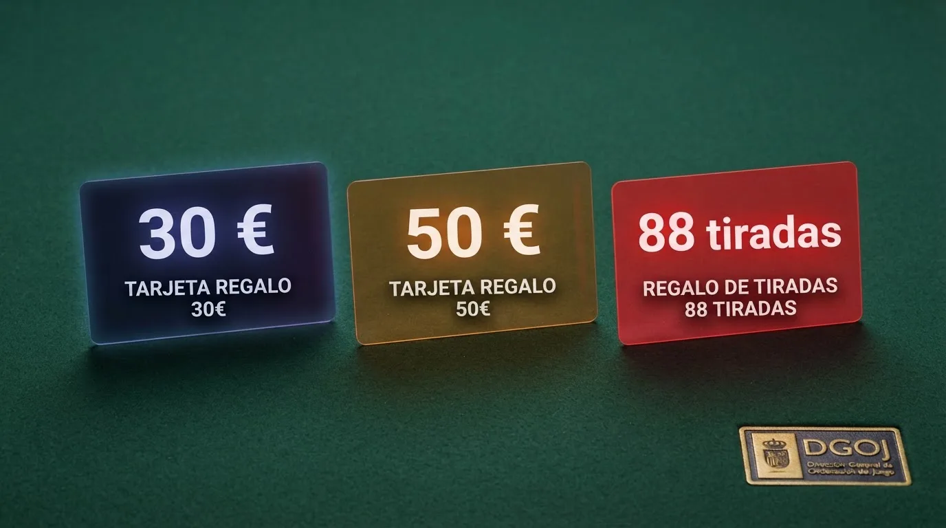 Tres tarjetas de regalo virtuales con los importes «30 €», «50 €» y «88 tiradas» alineadas sobre una mesa de juego limpia, con el sello «DGOJ» visible en una esquina