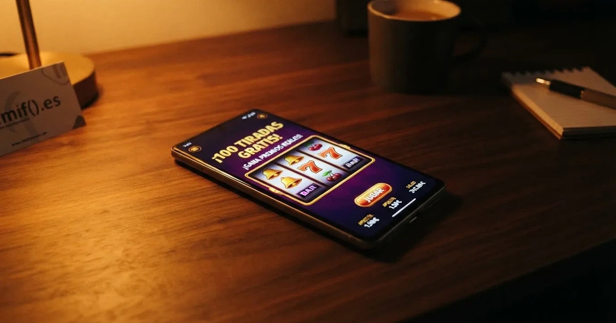 Un primer plano de un móvil mostrando una tragaperras de casino con el texto «100 tiradas gratis» superpuesto, sobre un fondo oscuro con el dominio .es visible