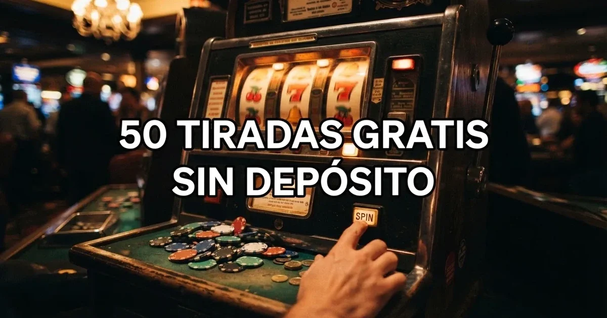 Tragaperras de casino con fichas de colores y el texto «50 tiradas gratis sin depósito» sobreimpreso en un entorno de casino online regulado.