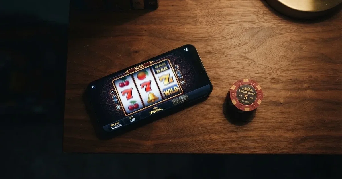 Un jugador consultando la pantalla de un casino online en el móvil con un billete de 5 euros sobre la mesa