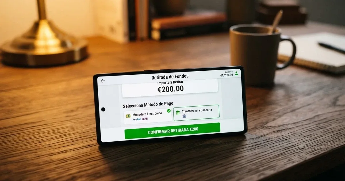 Captura de un teléfono móvil mostrando la pantalla de retirada de un casino online español con el importe, el método de pago seleccionado y el botón de confirmación