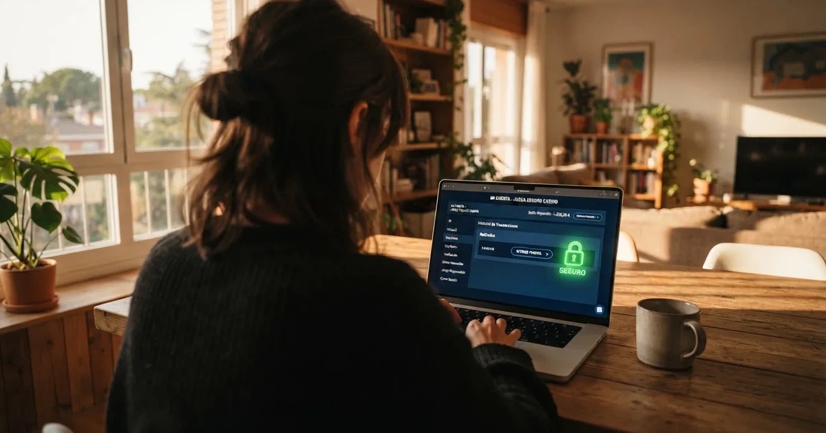 Un jugador consulta el saldo de su cuenta de casino online en la pantalla de un ordenador portátil, con el icono de un candado verde y el logotipo de la DGOJ visibles junto al botón de retirada