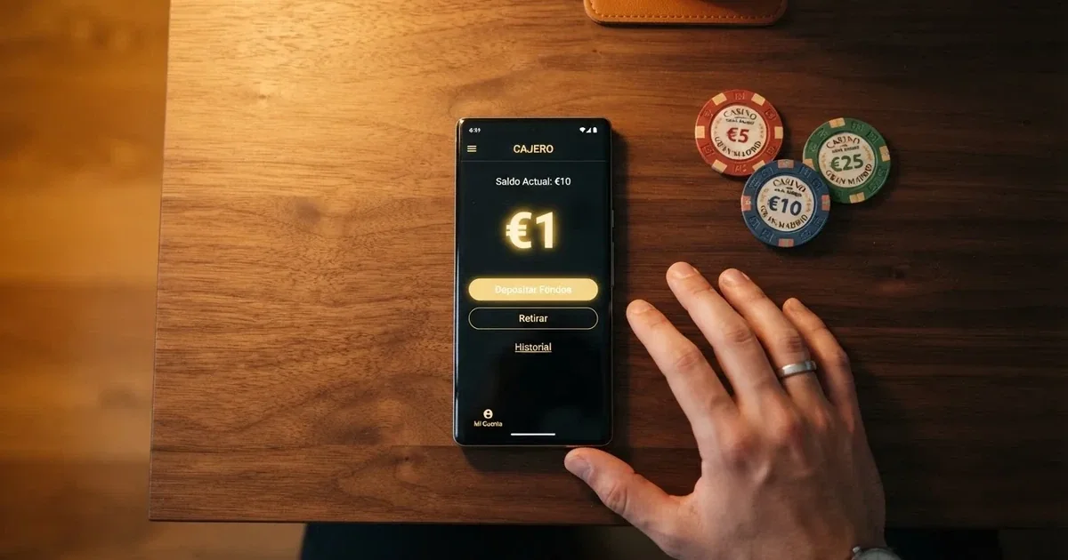 Comparativa de casinos online con depósito mínimo en España: móvil mostrando la pantalla de depósito de un casino con licencia DGOJ junto a billetes y monedas de euro
