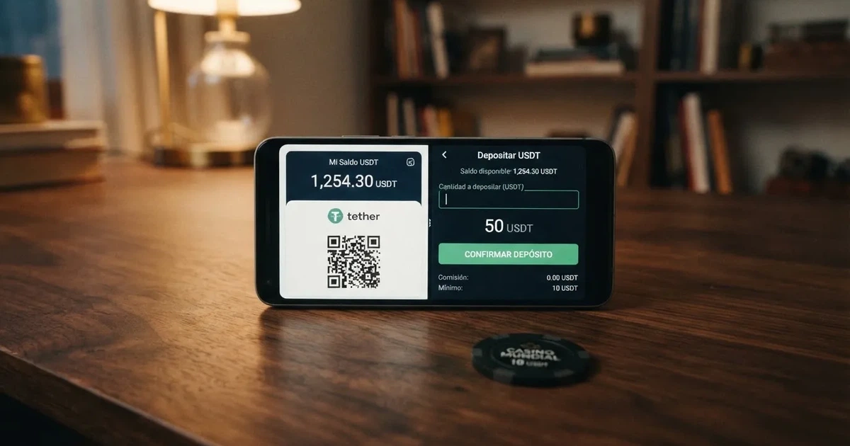 Interfaz de un casino online mostrando las opciones de depósito en USDT con las redes TRC20, ERC20 y Solana disponibles en el menú de pago