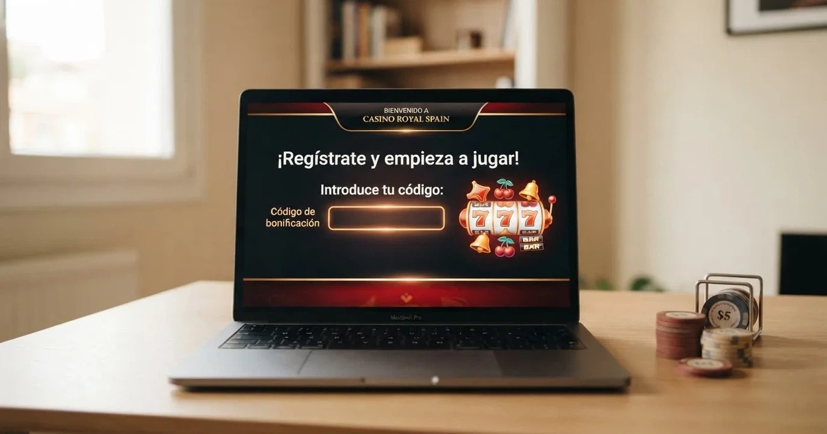 Campo de canje de un código promocional en la pantalla de registro de un casino online español, junto a una selección de tragaperras destacadas