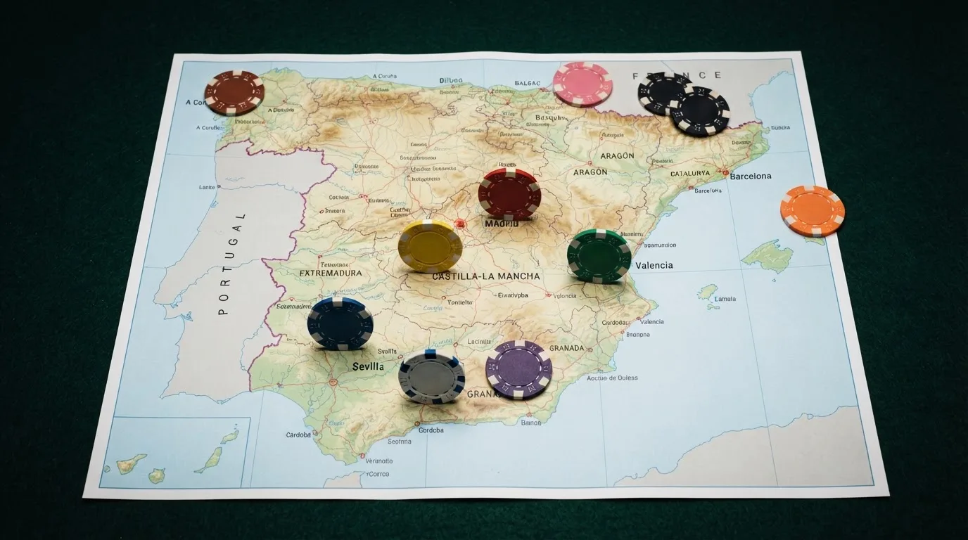 Una tabla visual con fichas de casino apiladas sobre un mapa de España, cada ficha representando un operador con licencia DGOJ y su oferta de registro destacada en la ficha correspondiente
