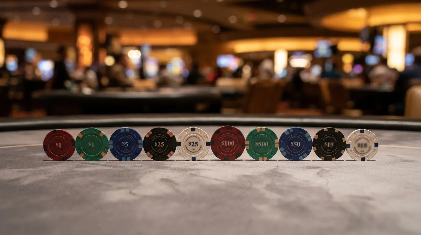 Varias fichas de casino dispuestas en fila sobre una mesa, cada una con el logotipo o nombre de un operador, representando una comparativa visual de ofertas.