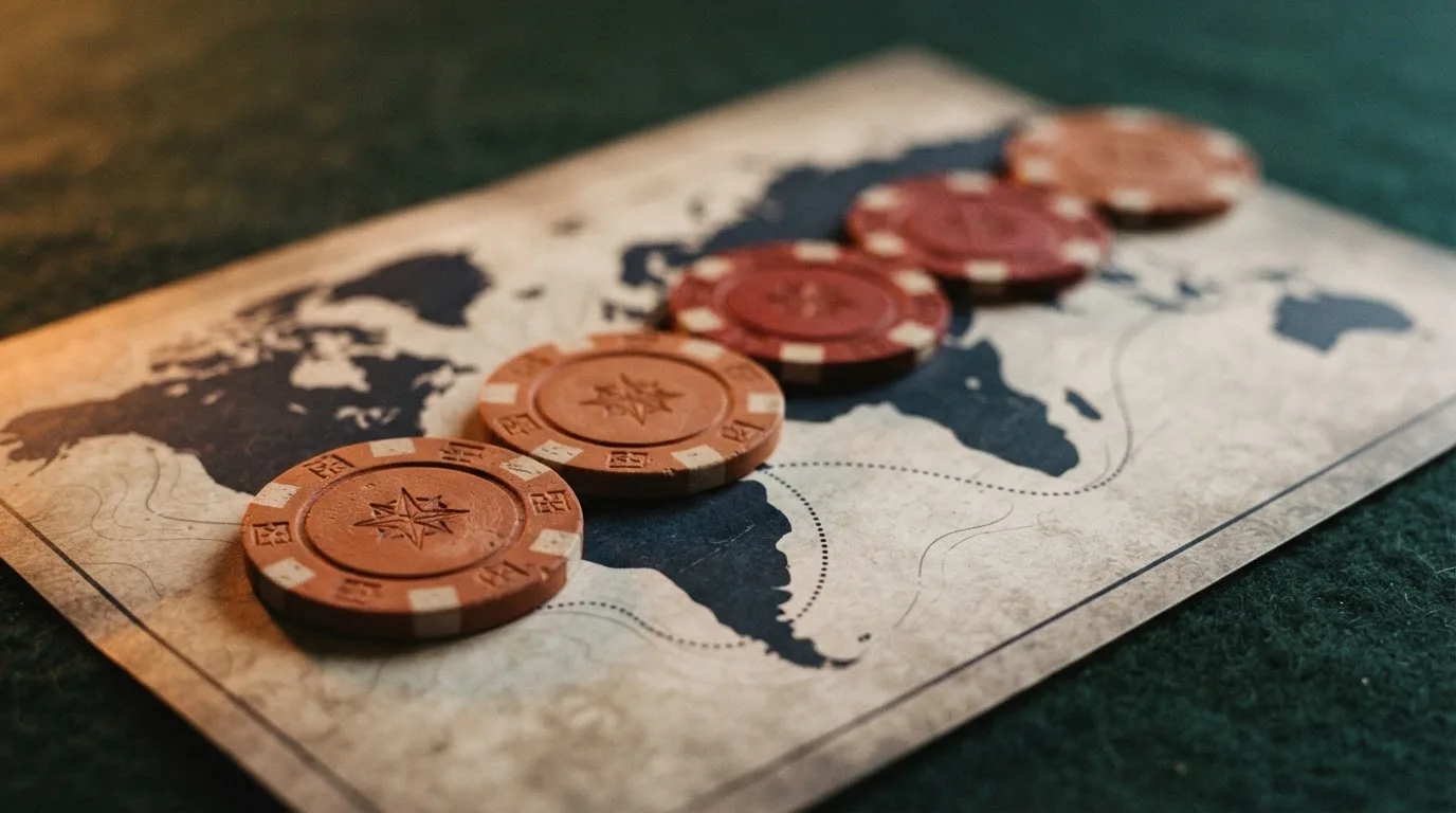 Fila de fichas de casino con el símbolo de bitcoin grabado, dispuestas sobre un mapa que muestra Curazao y España conectados por una línea, sin la bandera de la DGOJ visible