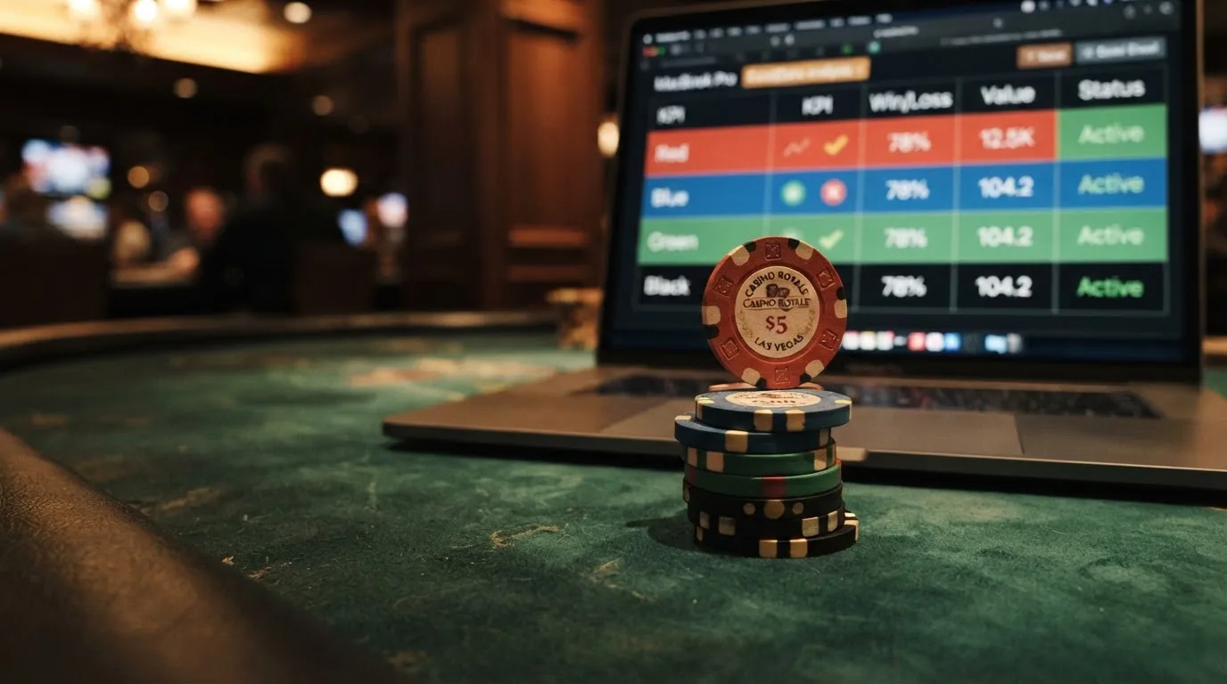 Fichas de casino apiladas sobre una mesa con la pantalla de un ordenador mostrando logotipos de operadores de casino online