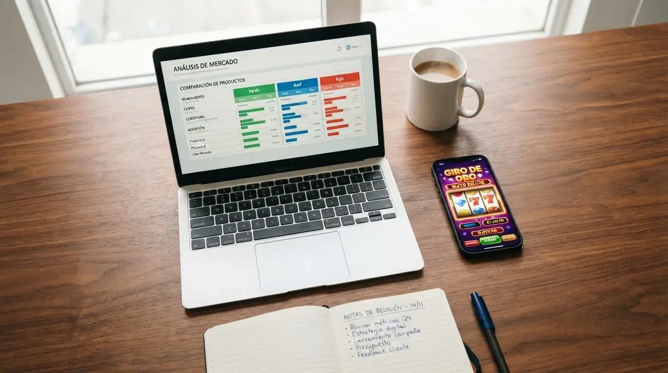 Una vista cenital de una mesa con un portátil abierto mostrando una tabla comparativa de ofertas de casino, junto a un café y un móvil con la pantalla de un juego de tragaperras.