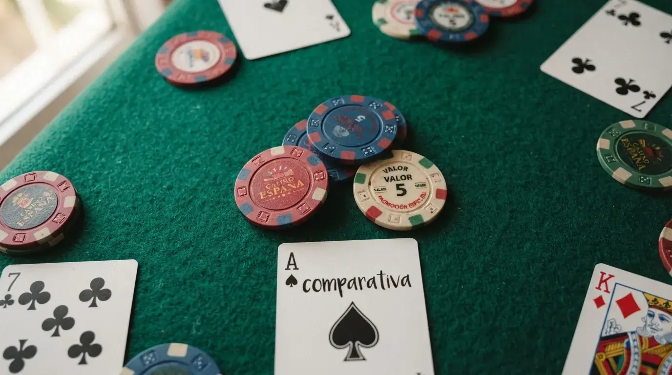 Una tabla comparativa con fichas de casino alineadas, cada una con el logotipo de un operador, ilustrando la comparación de ofertas de tiradas gratis.