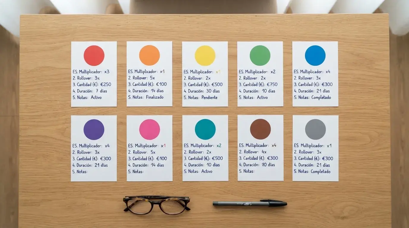 Vista cenital de una mesa con diez tarjetas ordenadas, cada una con el logotipo de un operador y anotaciones manuscritas sobre sus condiciones