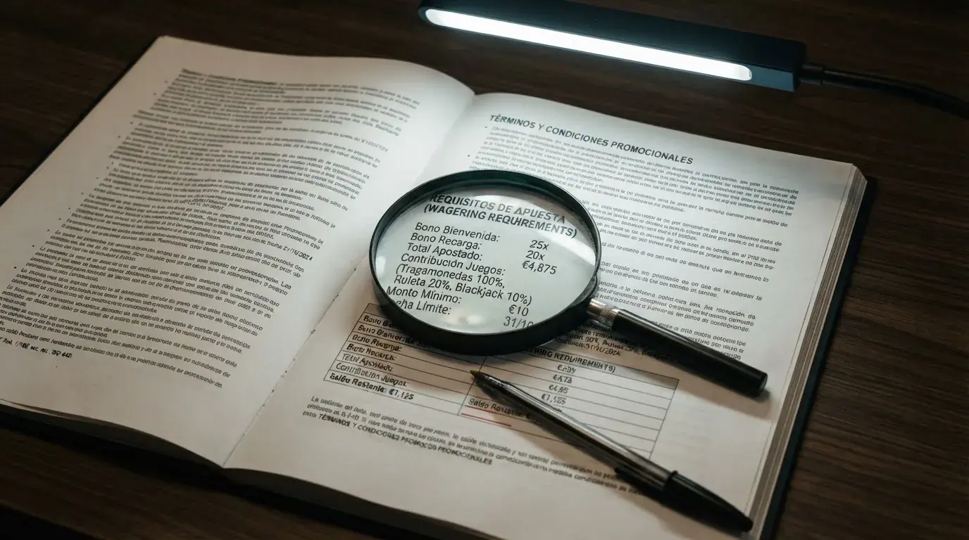 Primer plano de un documento con términos y condiciones de bono, una lupa sobre la sección de requisitos de apuesta y un bolígrafo subrayando cifras