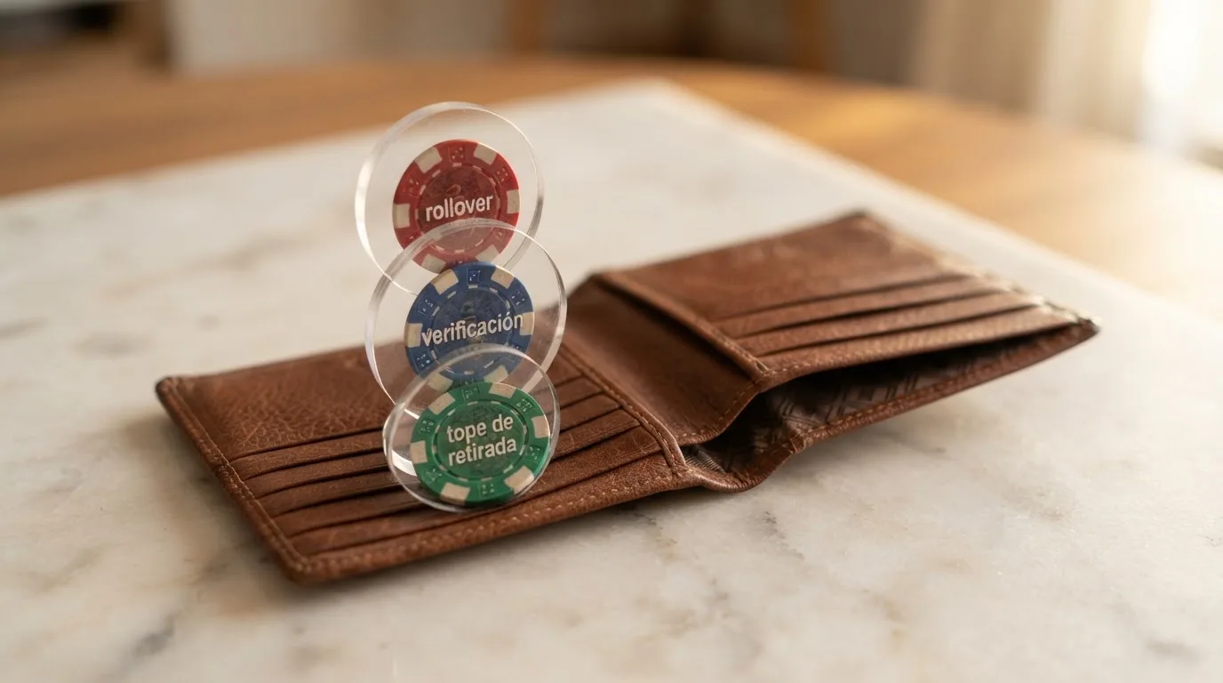 Un monedero abierto del que salen billetes, atravesando tres aros etiquetados como «rollover», «verificación» y «tope de retirada»