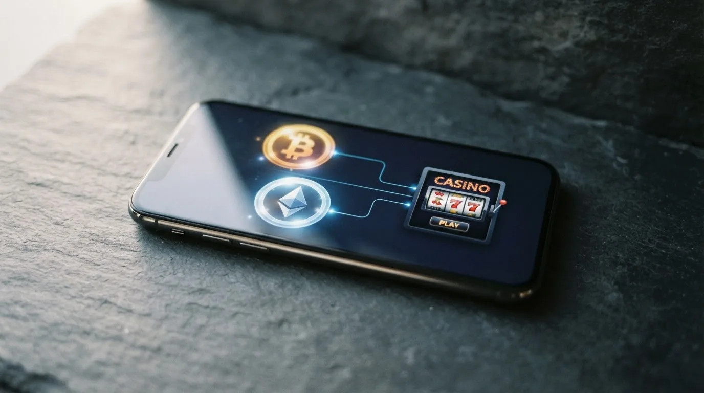 Una cartera de criptomonedas en la pantalla de un móvil junto a la interfaz de un casino online, con símbolos de Bitcoin y Ethereum conectando ambas pantallas