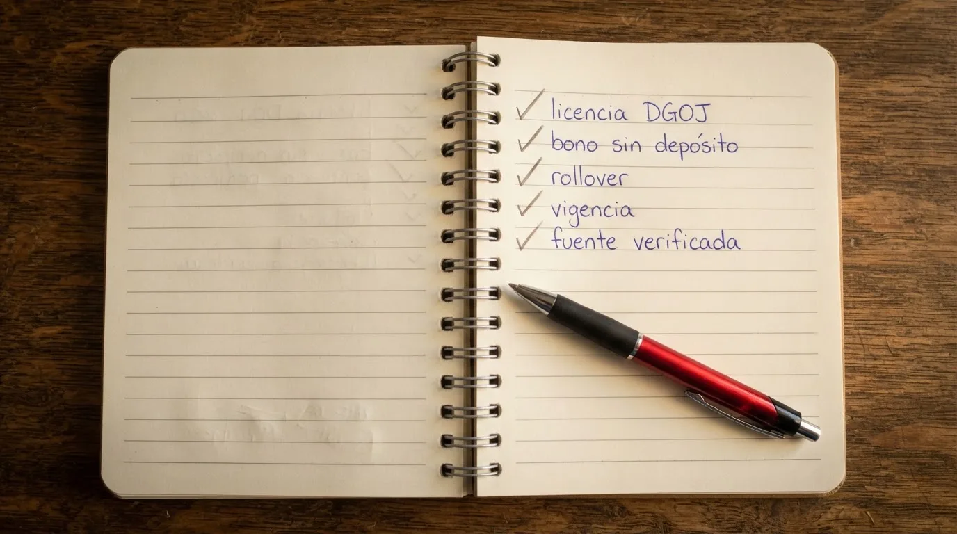 Una libreta abierta con una lista de verificación manuscrita: «licencia DGOJ», «bono sin depósito», «rollover», «vigencia», «fuente verificada», con marcas de verificación junto a cada criterio