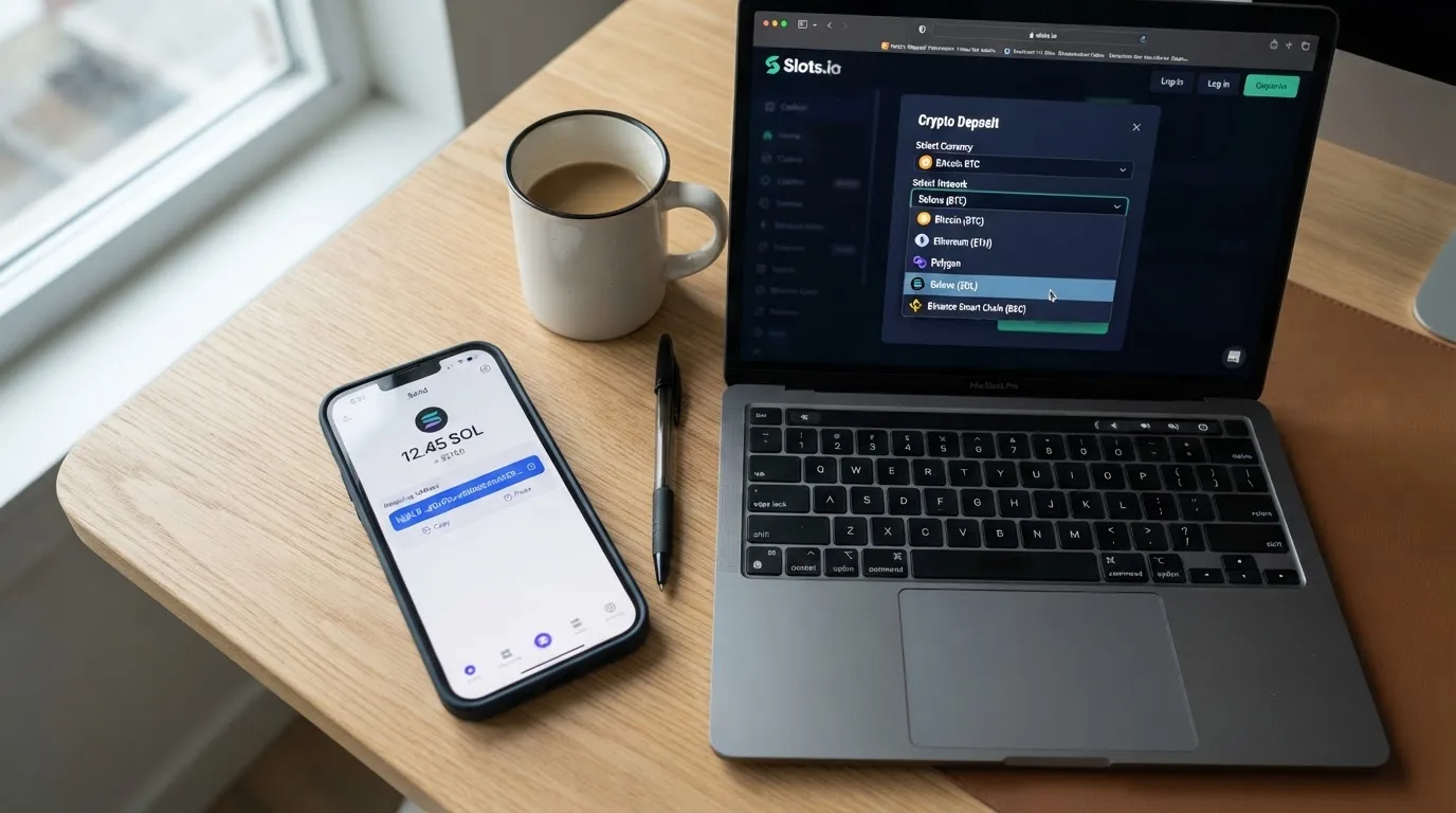 Pantalla de un monedero MetaMask junto a la página de cajero de un casino online mostrando una dirección de depósito ETH con un selector de red visible