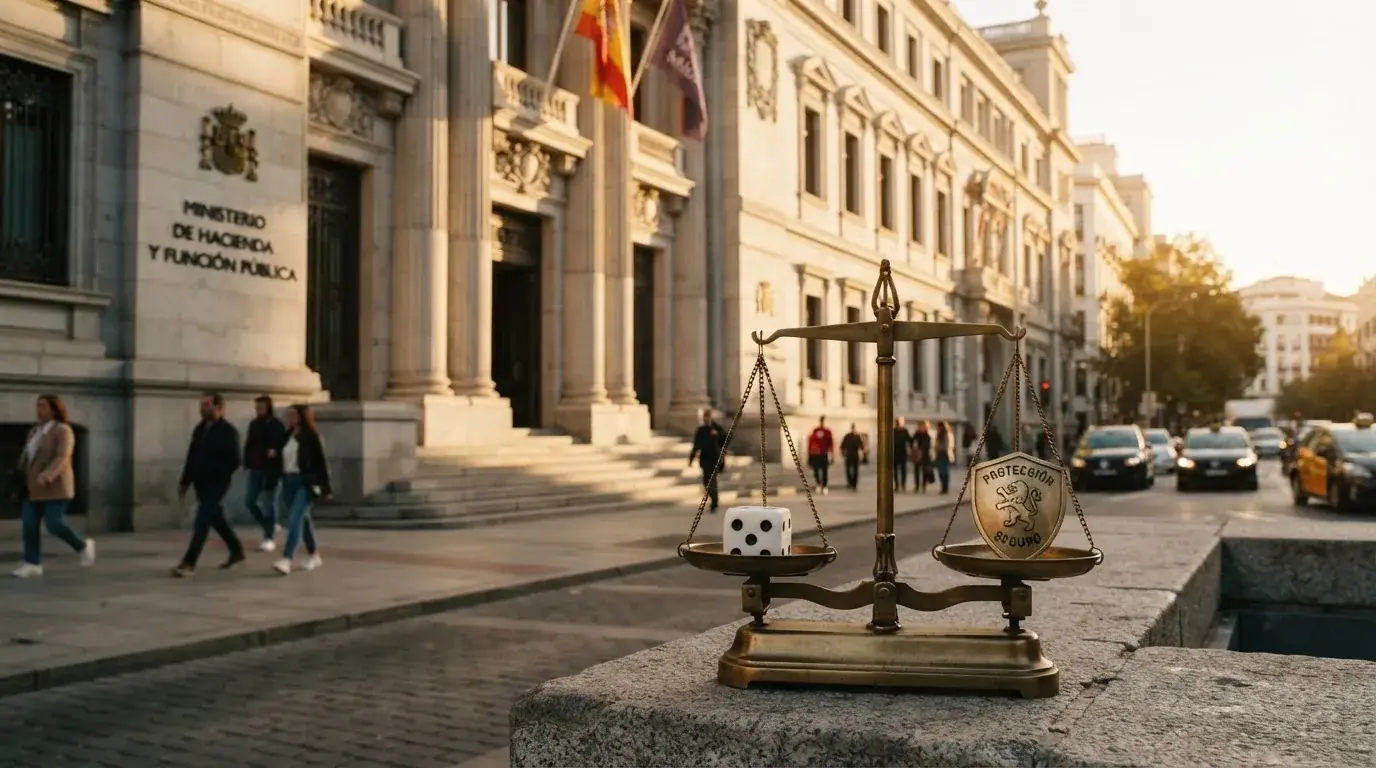 El edificio de la Dirección General de Ordenación del Juego en Madrid con el texto «BOE 25 de mayo de 2024» superpuesto de forma sutil sobre la fachada, y una balanza que equilibra un dado y un escudo protector