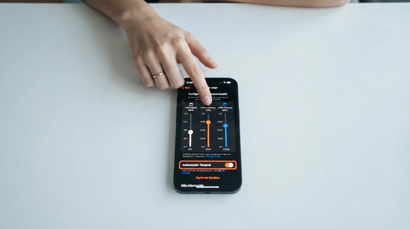 Un panel de configuración de límites de depósito en la interfaz de un casino online, con los controles deslizantes visibles y una sección de autoexclusión destacada