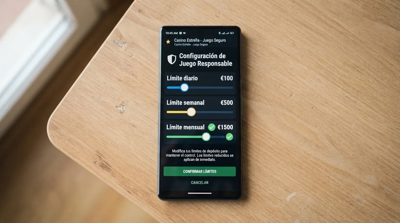Pantalla de configuración de límites de depósito en el panel de juego responsable de un casino online, con los selectores de límite diario, semanal y mensual visibles