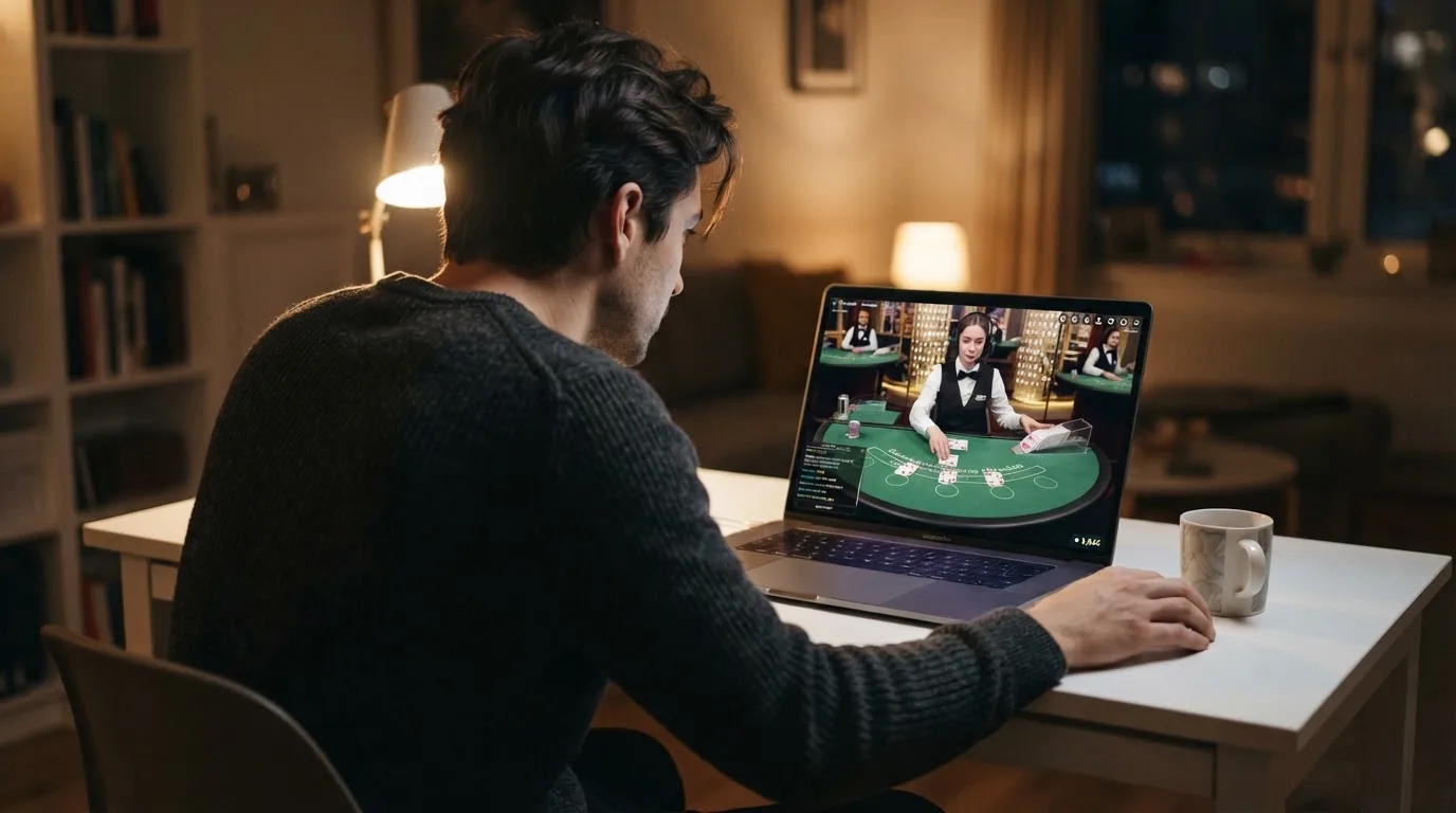 Interfaz de un casino en vivo con un crupier real repartiendo cartas y el símbolo de Ethereum superpuesto en la esquina del saldo