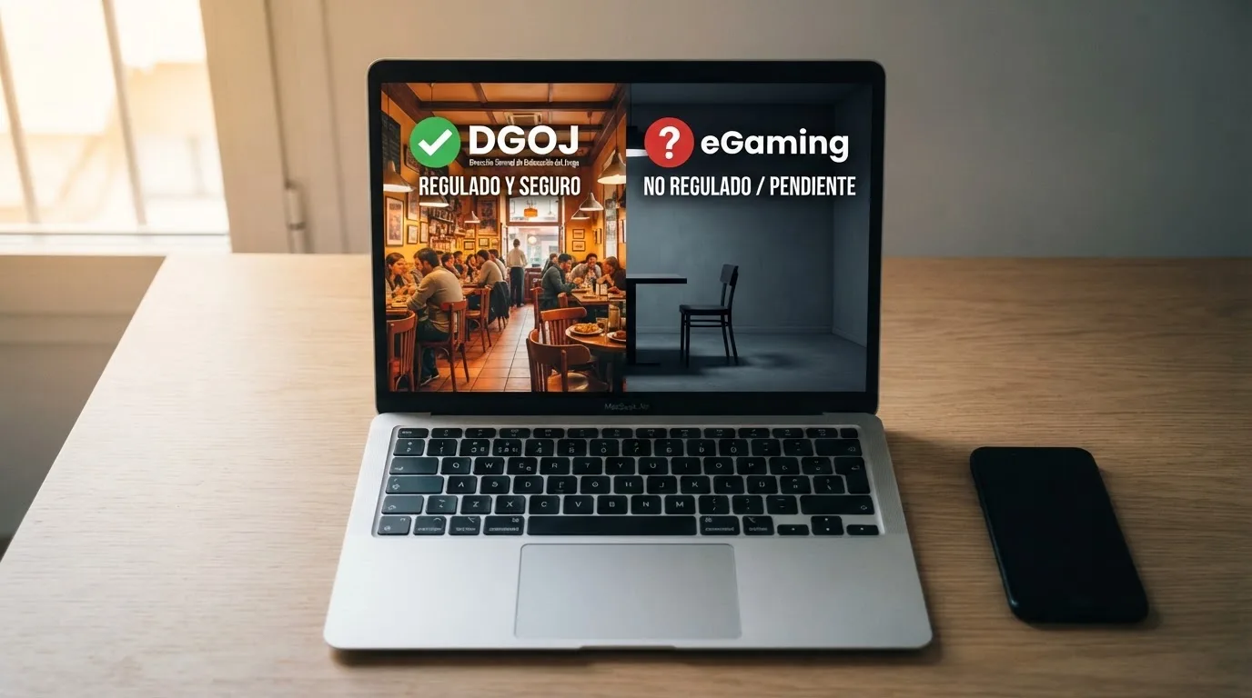 Sello oficial de licencia de juego sobre un escritorio virtual, partido en dos mitades: una con el escudo de la DGOJ y la bandera de España visibles, otra con el texto eGaming Curazao visible pero sin protección al consumidor español