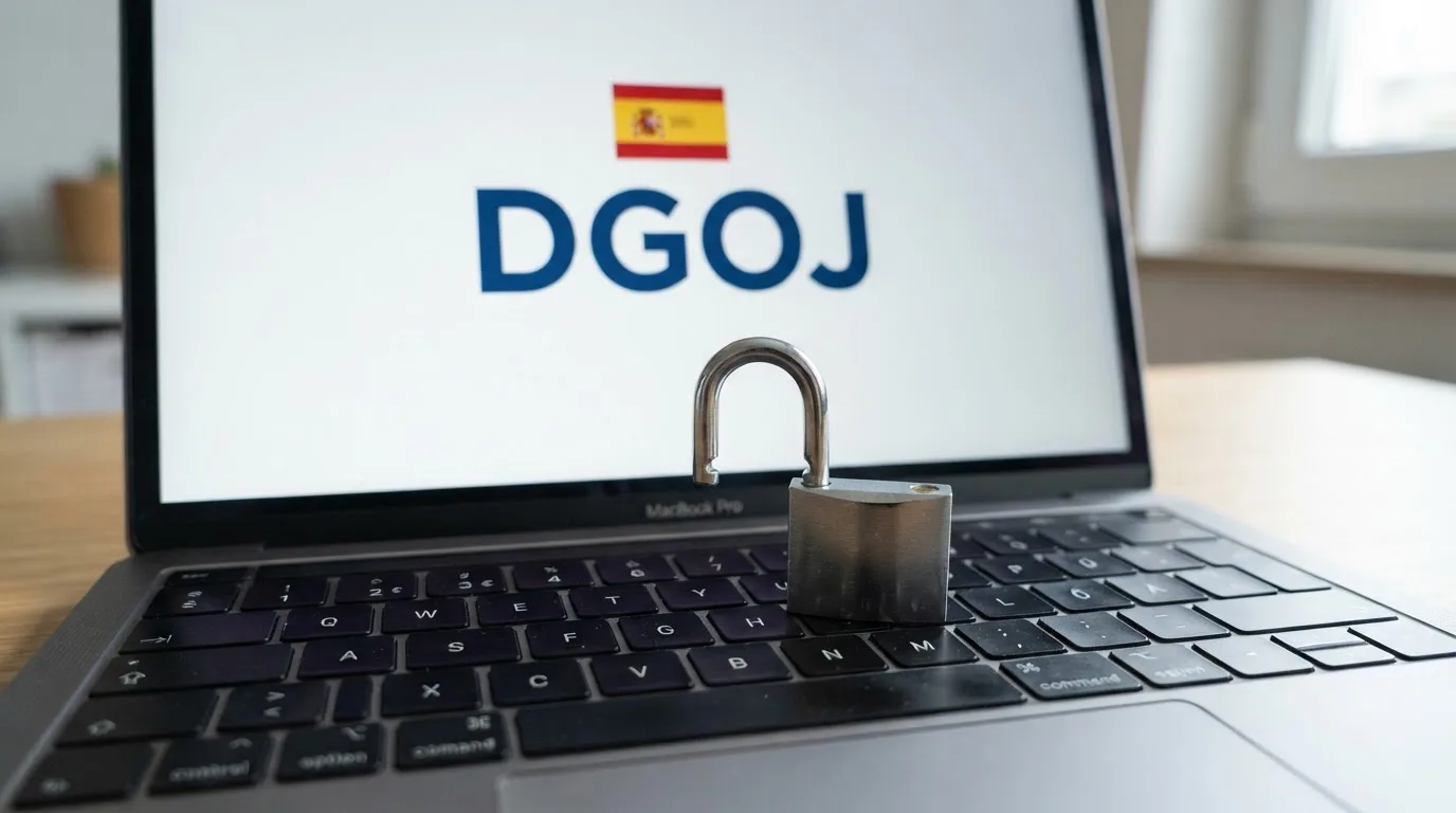 Primer plano de un candado abierto sobre un teclado, con la bandera de España y el texto DGOJ visible en la pantalla, simbolizando seguridad y regulación.