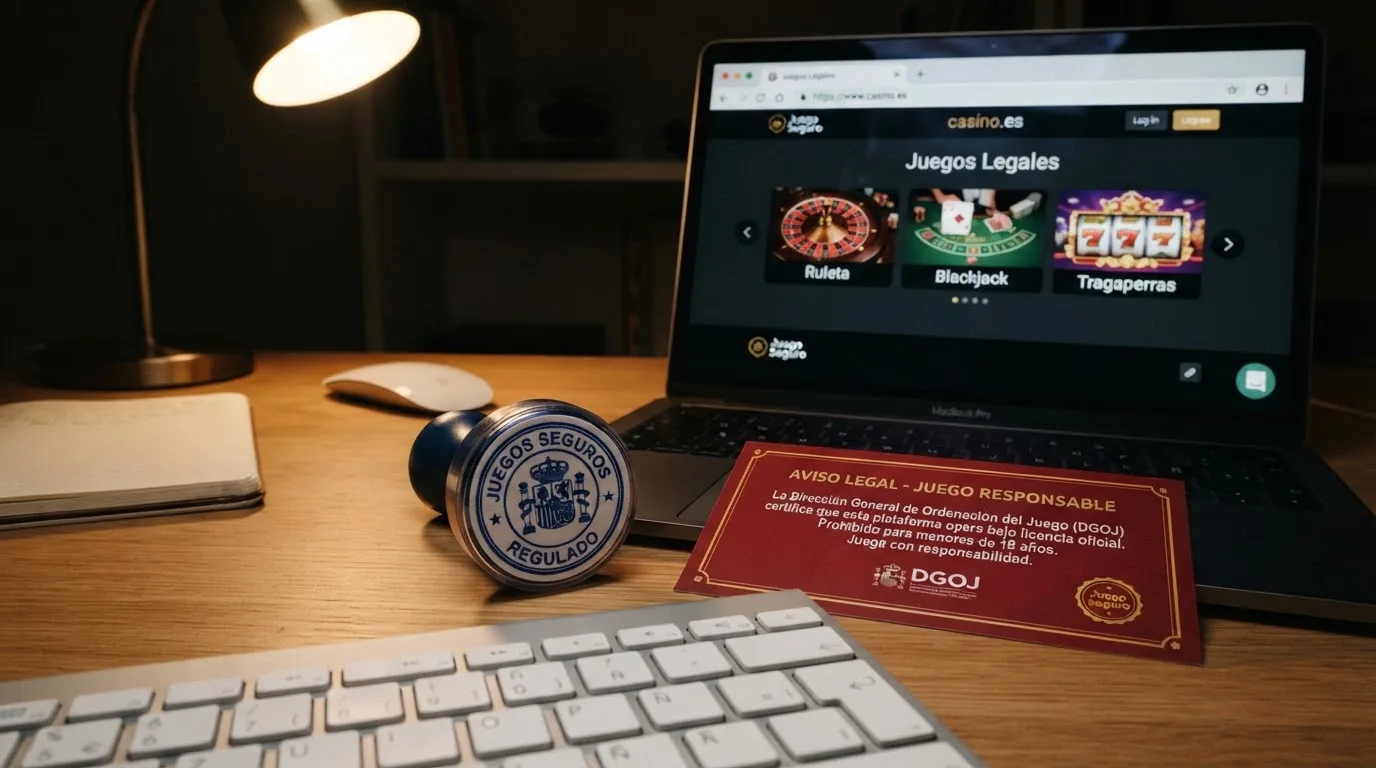 Primer plano de un sello oficial de la DGOJ sobre un escritorio junto a un DNI español y un teclado, con la pantalla del ordenador mostrando el dominio .es de un casino regulado