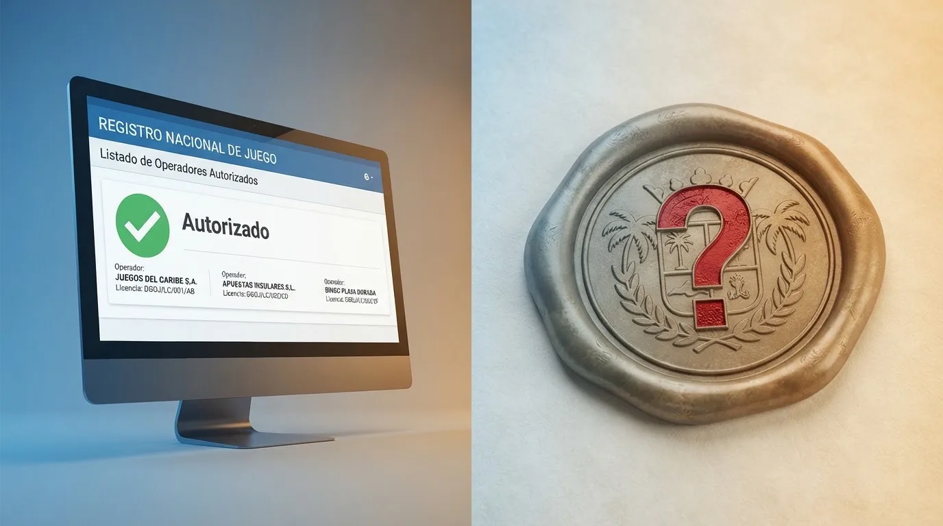 Pantalla partida: a la izquierda, interfaz de ordenacionjuego.es con el registro de operadores; a la derecha, un sello de licencia de Curaçao con un signo de interrogación