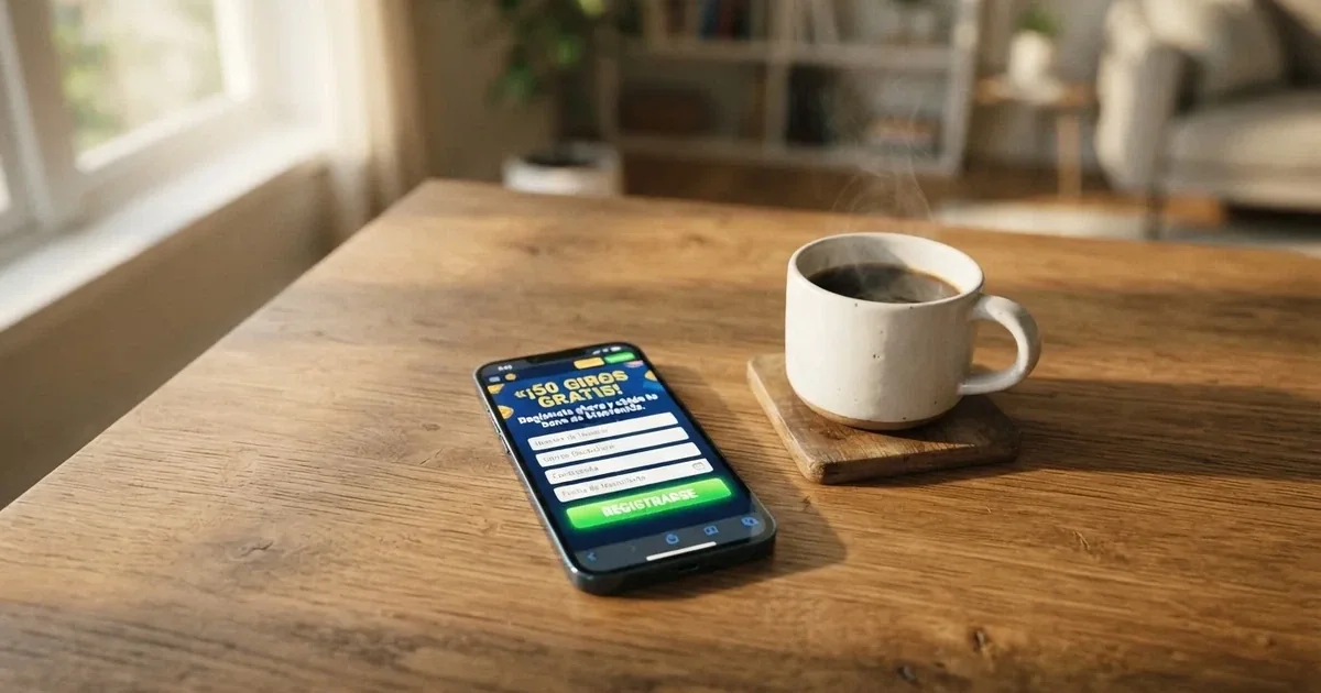 Un teléfono móvil mostrando la pantalla de registro de un casino online con una oferta de giros gratis sin depósito, junto a una taza de café