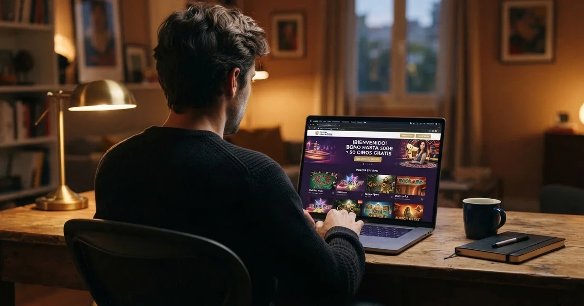 Pantalla de un casino online español con una oferta de bono sin depósito destacada y el sello de licencia DGOJ visible en el pie de página