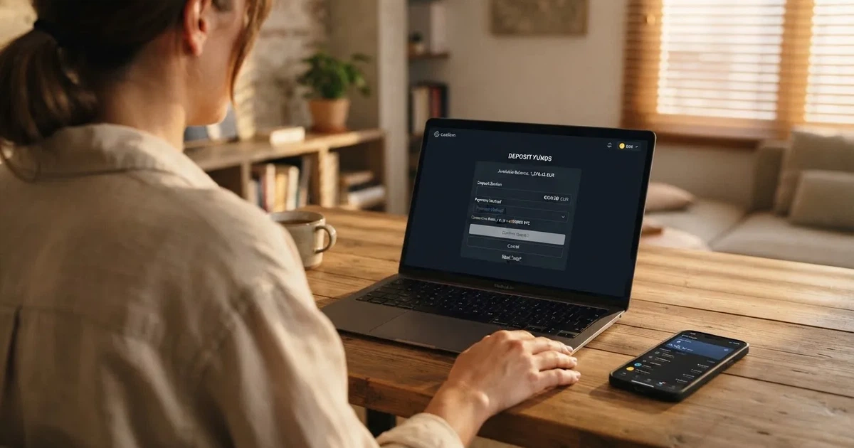 Pantalla de un casino online con bitcoin mostrando la sección de cajero con opciones de depósito en criptomonedas, junto al logo de bitcoin y una tabla de conversión BTC/EUR
