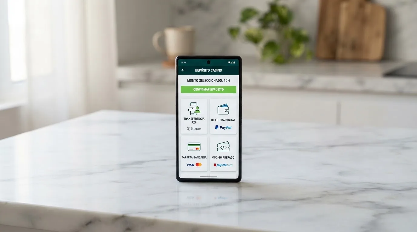 Teléfono móvil mostrando la pantalla de depósito de un casino online español con los iconos de Bizum, PayPal, tarjeta bancaria y Paysafecard como opciones disponibles