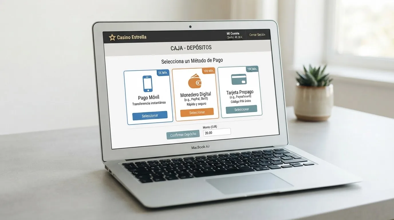 Pantalla de cajero de un casino online mostrando Bizum, PayPal y Paysafecard como opciones de pago para un depósito de 5 €