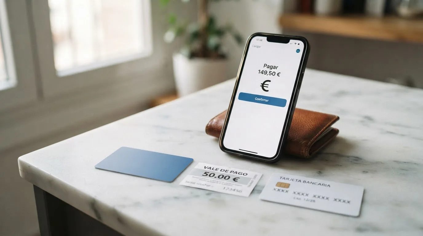 Pantalla de un móvil mostrando la app de Bizum junto a iconos de PayPal, Paysafecard y tarjeta bancaria