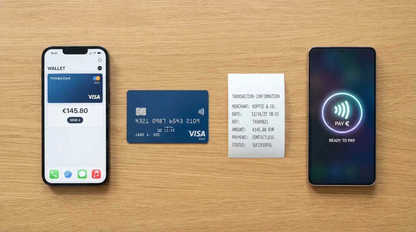 Cuatro métodos de pago dispuestos en fila sobre una mesa: un monedero electrónico en una pantalla de móvil, una tarjeta bancaria, un resguardo de transferencia y un teléfono mostrando la app de Bizum