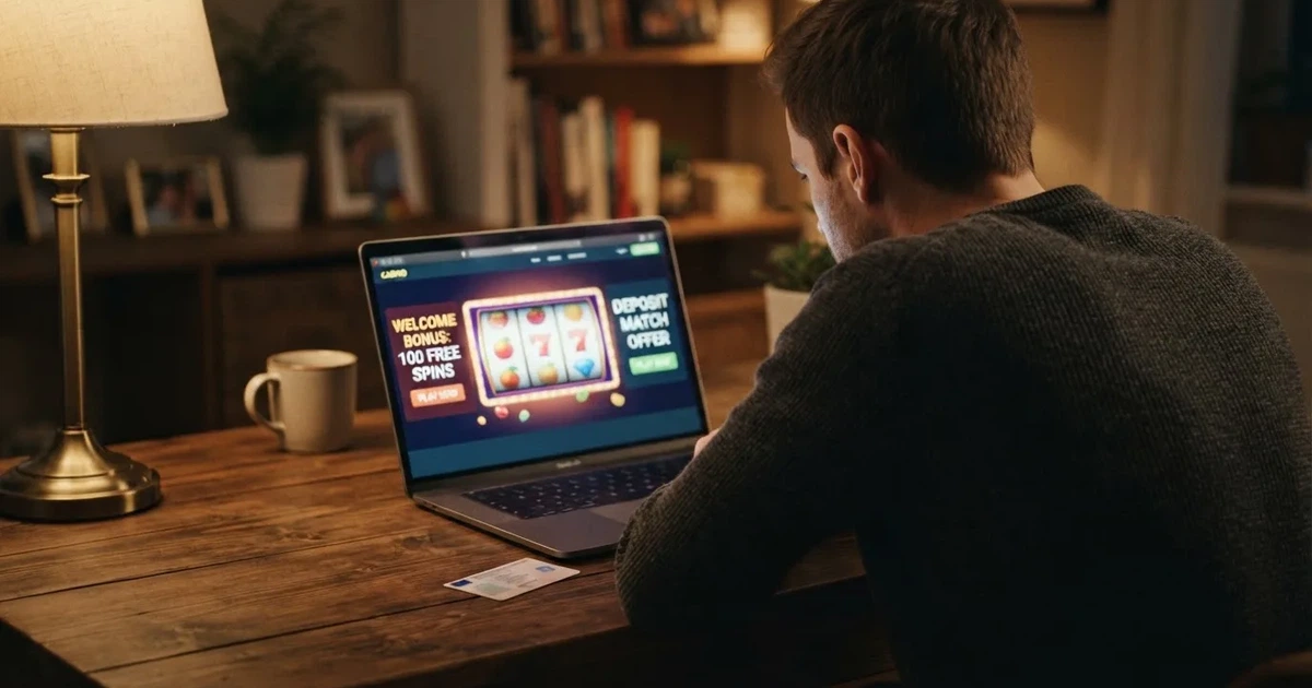 Un jugador consultando en un ordenador portátil las promociones de un casino online español, con el logotipo de la DGOJ visible en la pantalla y una tarjeta de identificación junto al teclado