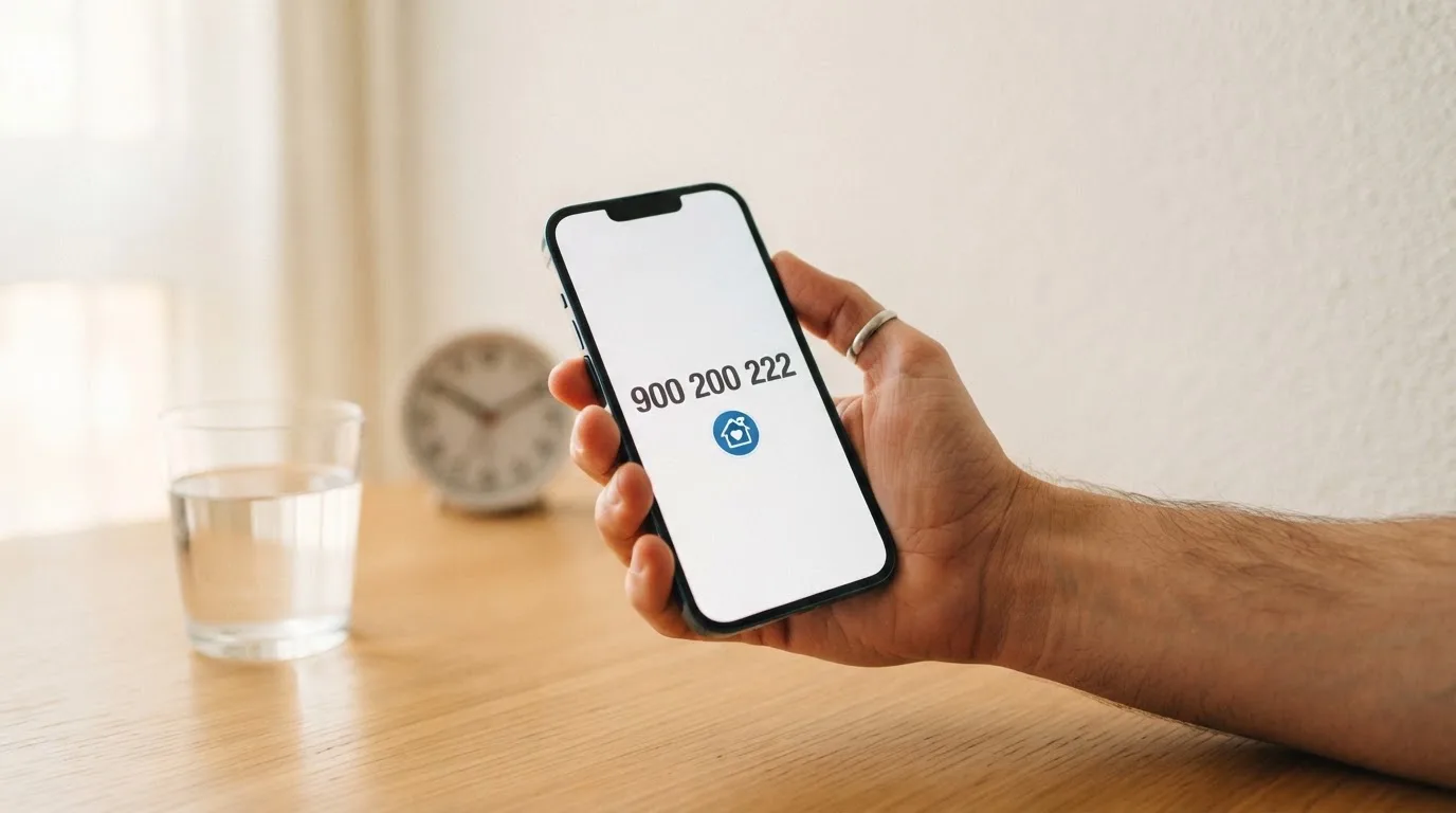 La mano de una persona sosteniendo un teléfono móvil cuya pantalla muestra el número 900 200 222 junto al logotipo de FEJAR, con un vaso de agua y un reloj en segundo plano desenfocado