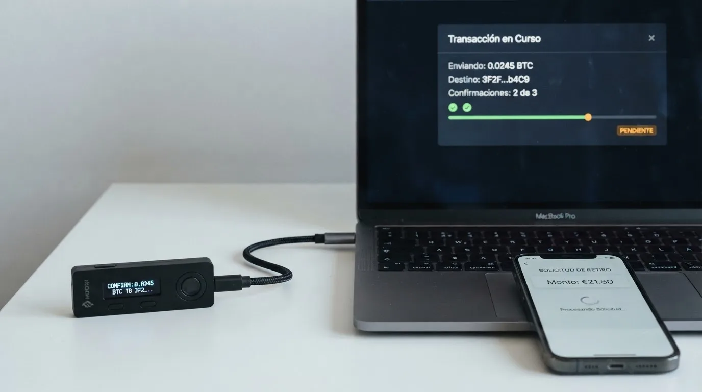 Un monedero físico de hardware conectado a un ordenador portátil mediante cable USB; en la pantalla del ordenador se ve una interfaz de blockchain con una transacción en curso y el indicador de confirmaciones pendientes. Junto al portátil, un teléfono muestra la pantalla de retirada de un casino cripto.