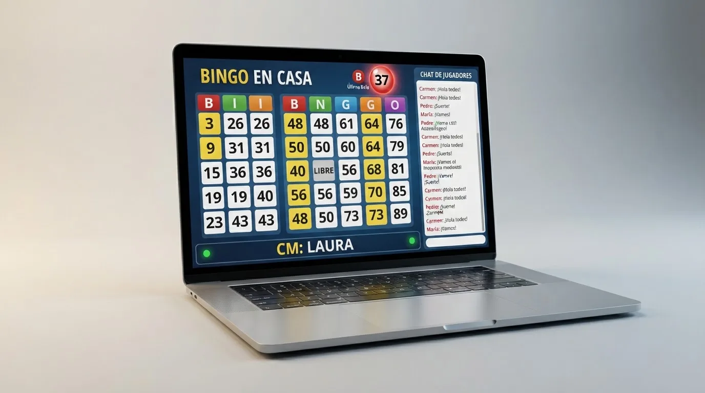 Captura de pantalla de una sala de bingo online en vivo con el panel de cartones, la ventana de chat con el moderador CM y el marcador de la última bola extraída