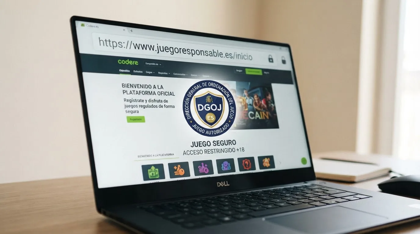 Primer plano del sello de Juego Autorizado de la DGOJ sobre la pantalla de un ordenador con la URL terminada en .es visible en la barra del navegador