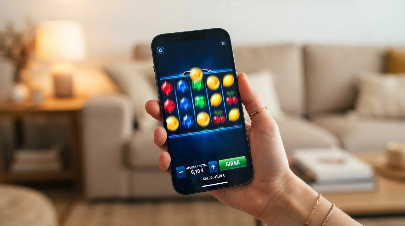 Pantalla de un móvil con una tragaperras online popular como Starburst o Book of Dead mostrando una apuesta de 0,10 € por giro