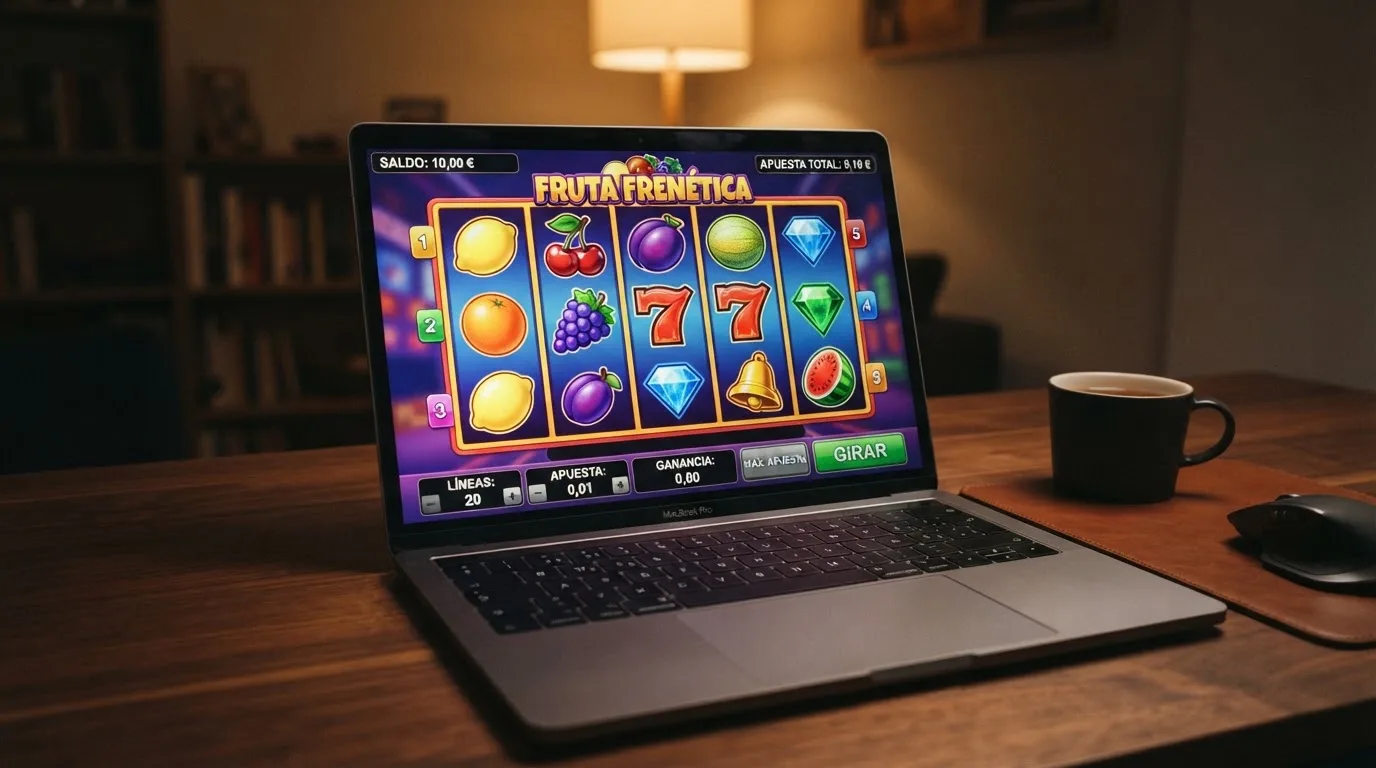 Interfaz de una tragaperras online en un casino con licencia DGOJ donde se ve el saldo de 10 euros y una apuesta configurada a 0,10 € por tirada