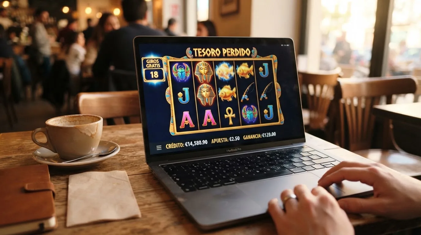 Interfaz de una tragaperras online con los rodillos girando y el contador de giros gratis activo en la esquina superior