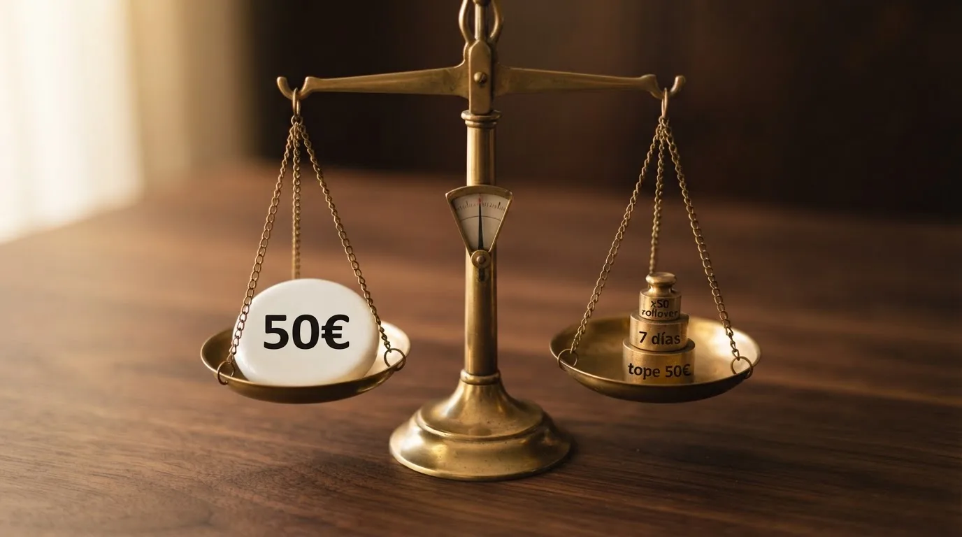 Una balanza con la palabra «50€» en un platillo y en el otro varias pesas etiquetadas como «x50 rollover», «7 días» y «tope 50€», inclinándose hacia el lado de las condiciones